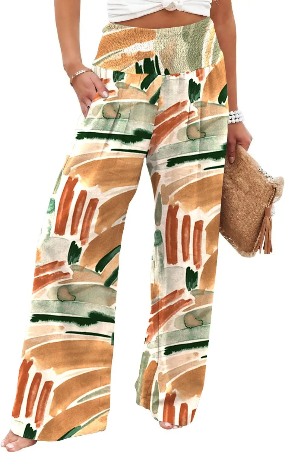 JASPAL Women Casual High Waisted Palazzo Pants Wide Leg Long Lounge Trendy Trousers with Pocket-L-Printing