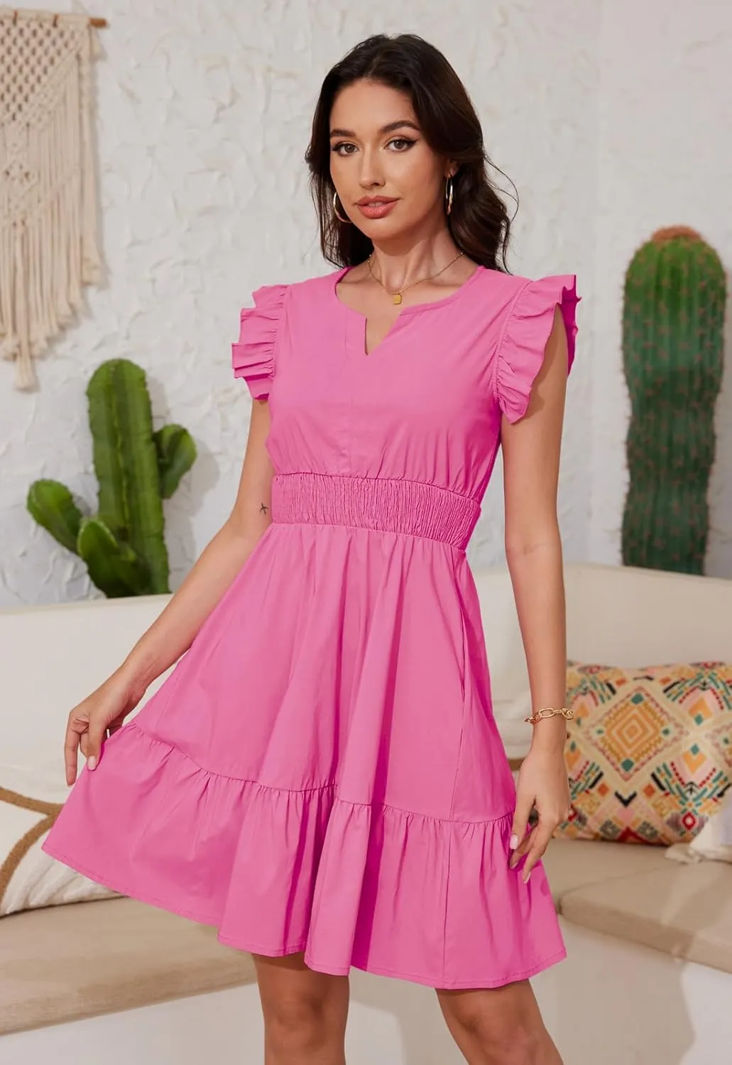 Jayscreate Women's Ruffle Sleeve Layered Dress Pockets Elastic Waist 2025 V Neck Above Knee Summer Casual Cute Dress