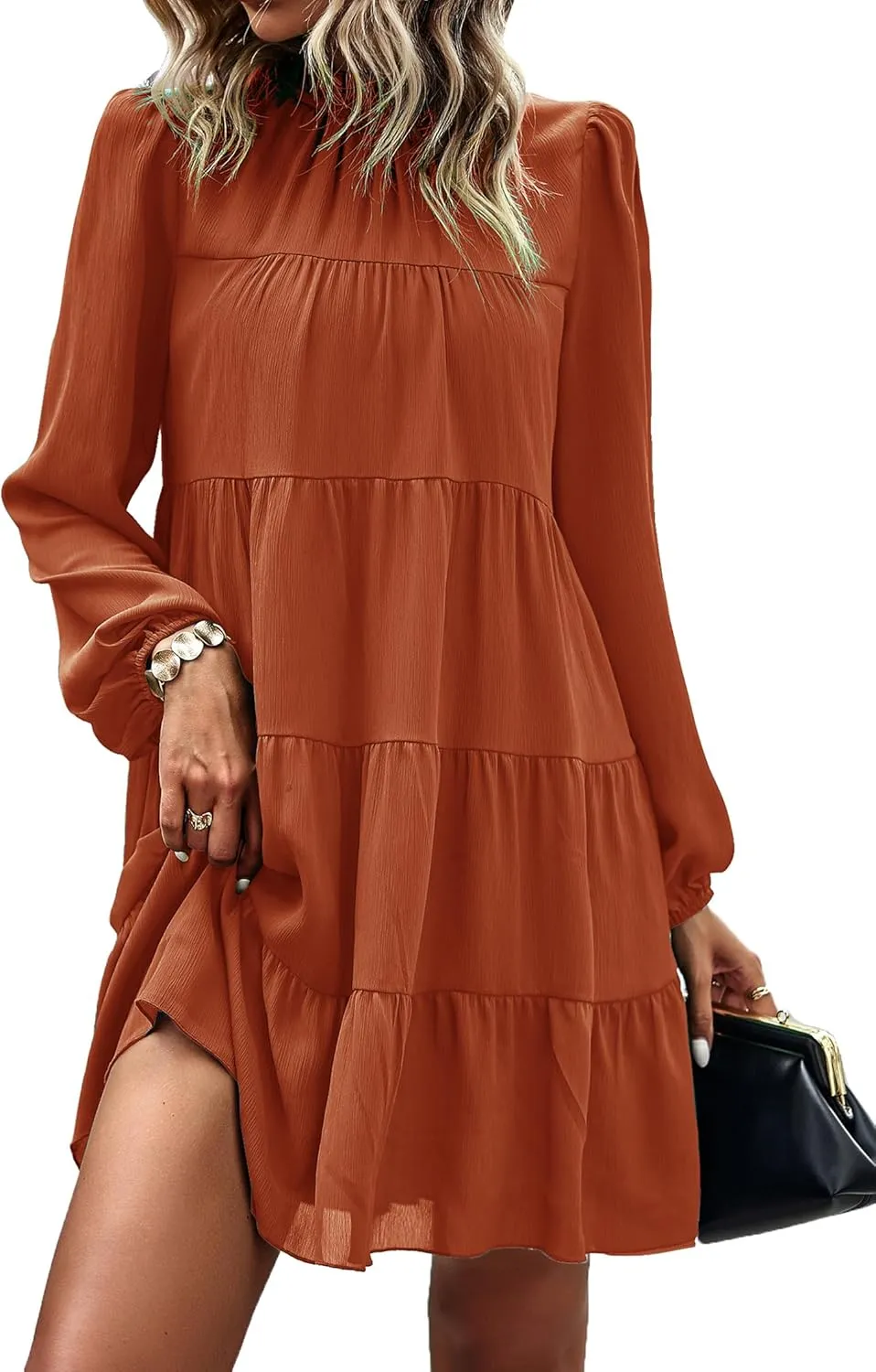 KIRUNDO Women Spring Long Sleeve Ruffle Mock Neck Tiered Mini Babydoll Dress 2025 Casual Summer Flowy Swing Tunic Shift Dress