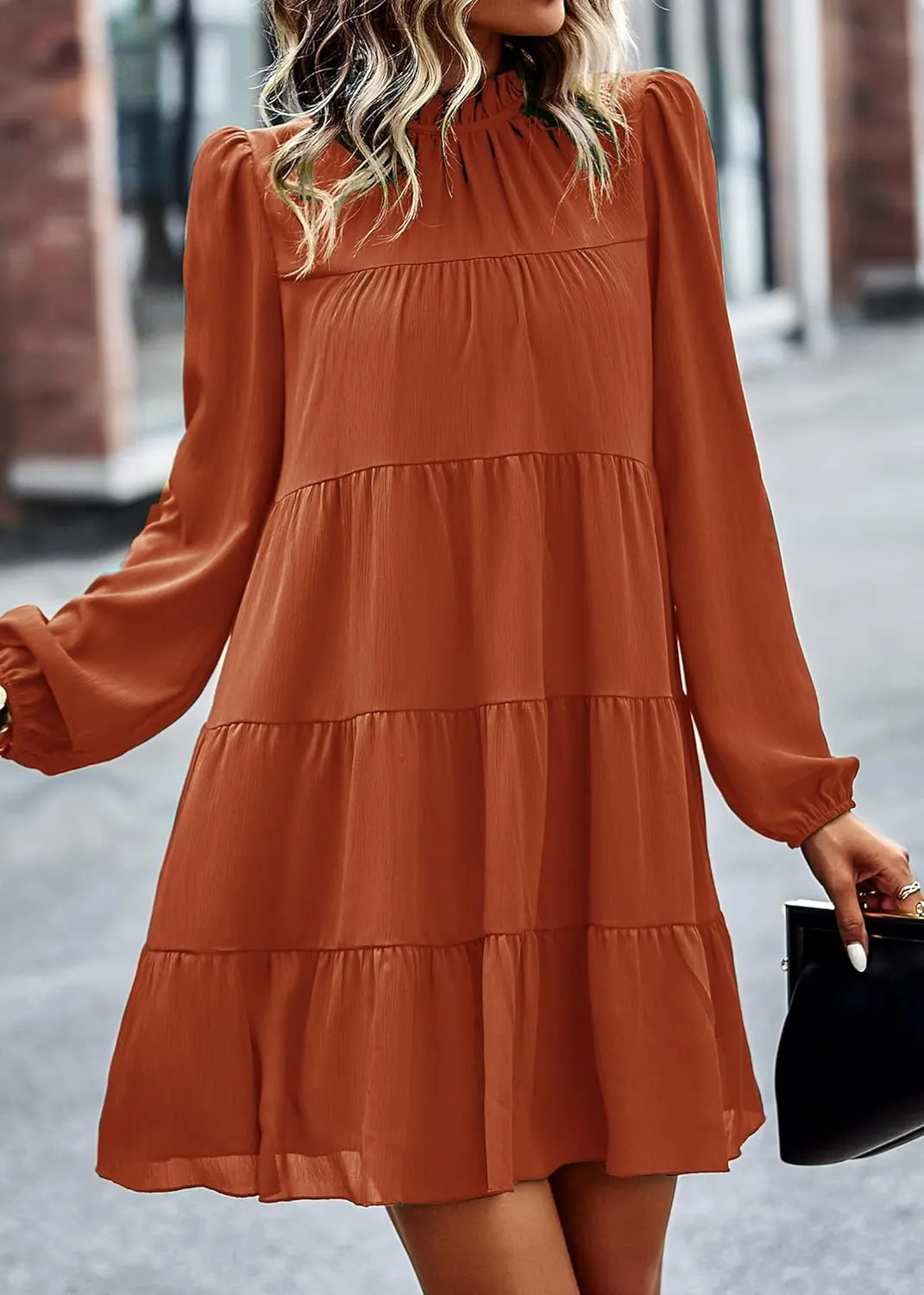 KIRUNDO Women Spring Long Sleeve Ruffle Mock Neck Tiered Mini Babydoll Dress 2025 Casual Summer Flowy Swing Tunic Shift Dress