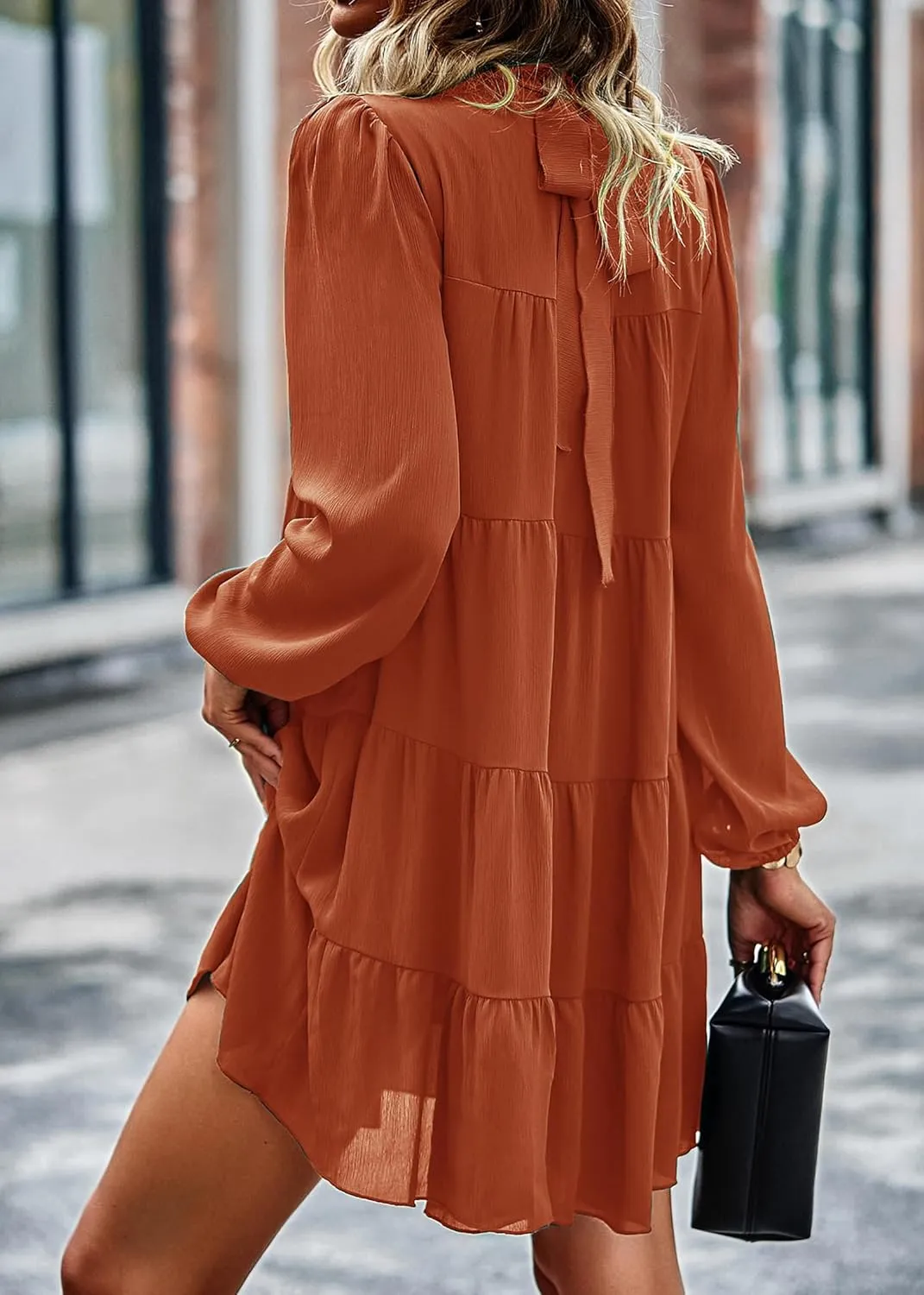 KIRUNDO Women Spring Long Sleeve Ruffle Mock Neck Tiered Mini Babydoll Dress 2025 Casual Summer Flowy Swing Tunic Shift Dress