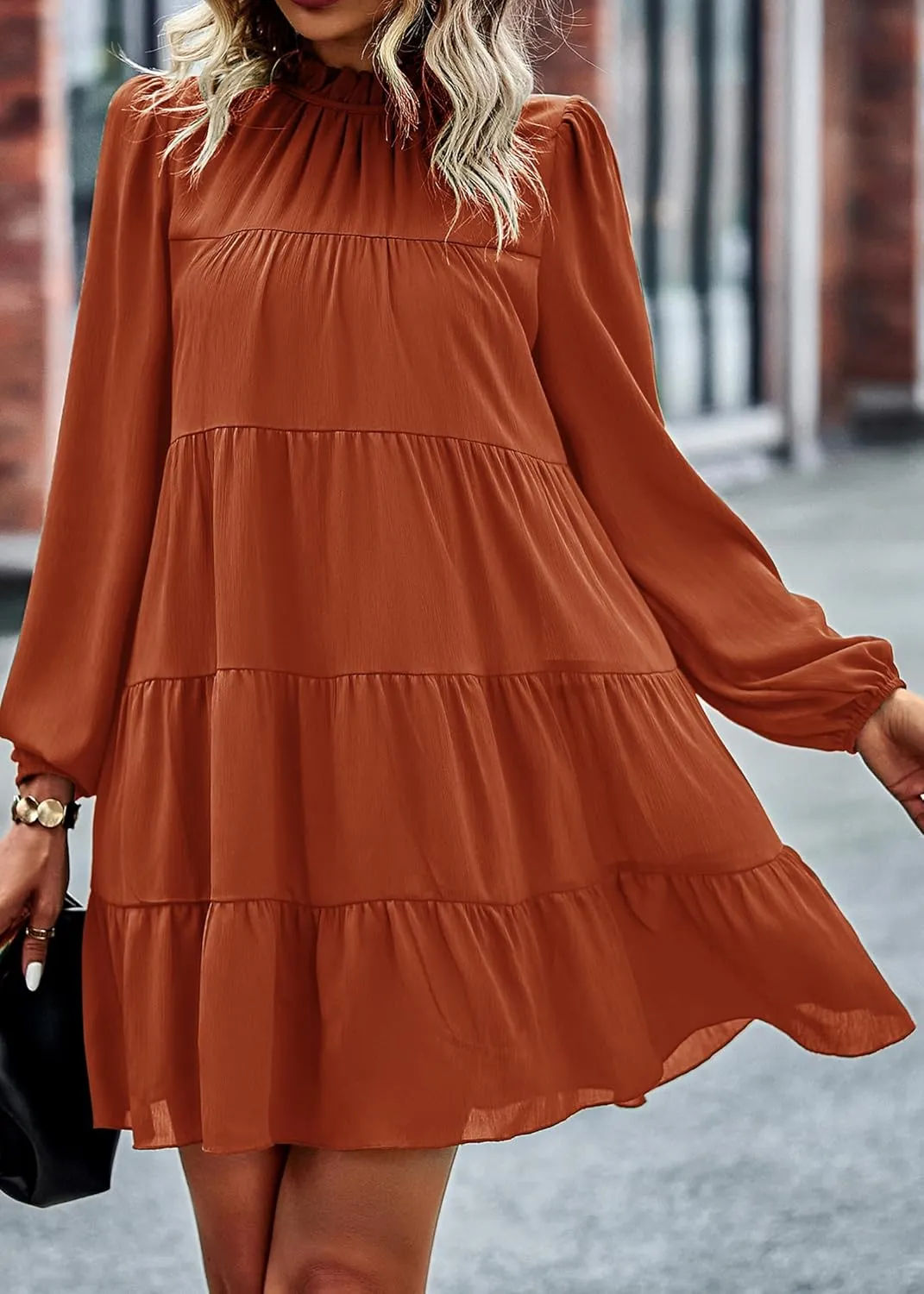 KIRUNDO Women Spring Long Sleeve Ruffle Mock Neck Tiered Mini Babydoll Dress 2025 Casual Summer Flowy Swing Tunic Shift Dress