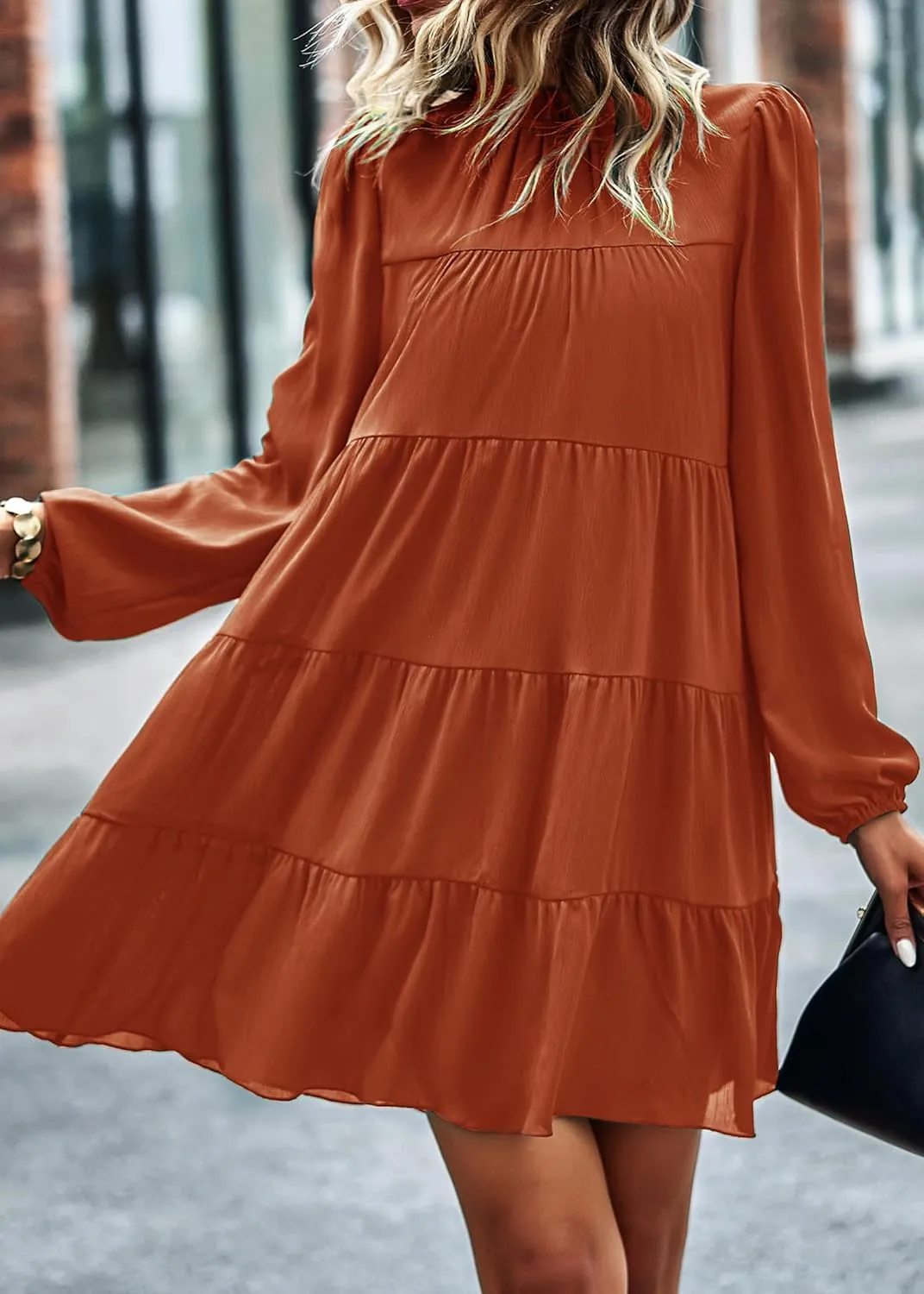KIRUNDO Women Spring Long Sleeve Ruffle Mock Neck Tiered Mini Babydoll Dress 2025 Casual Summer Flowy Swing Tunic Shift Dress