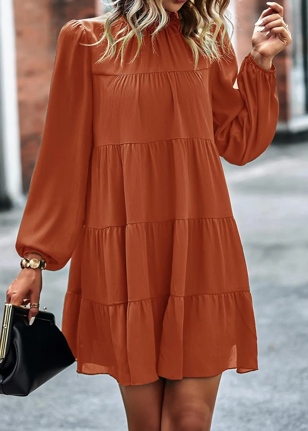 KIRUNDO Women Spring Long Sleeve Ruffle Mock Neck Tiered Mini Babydoll Dress 2025 Casual Summer Flowy Swing Tunic Shift Dress