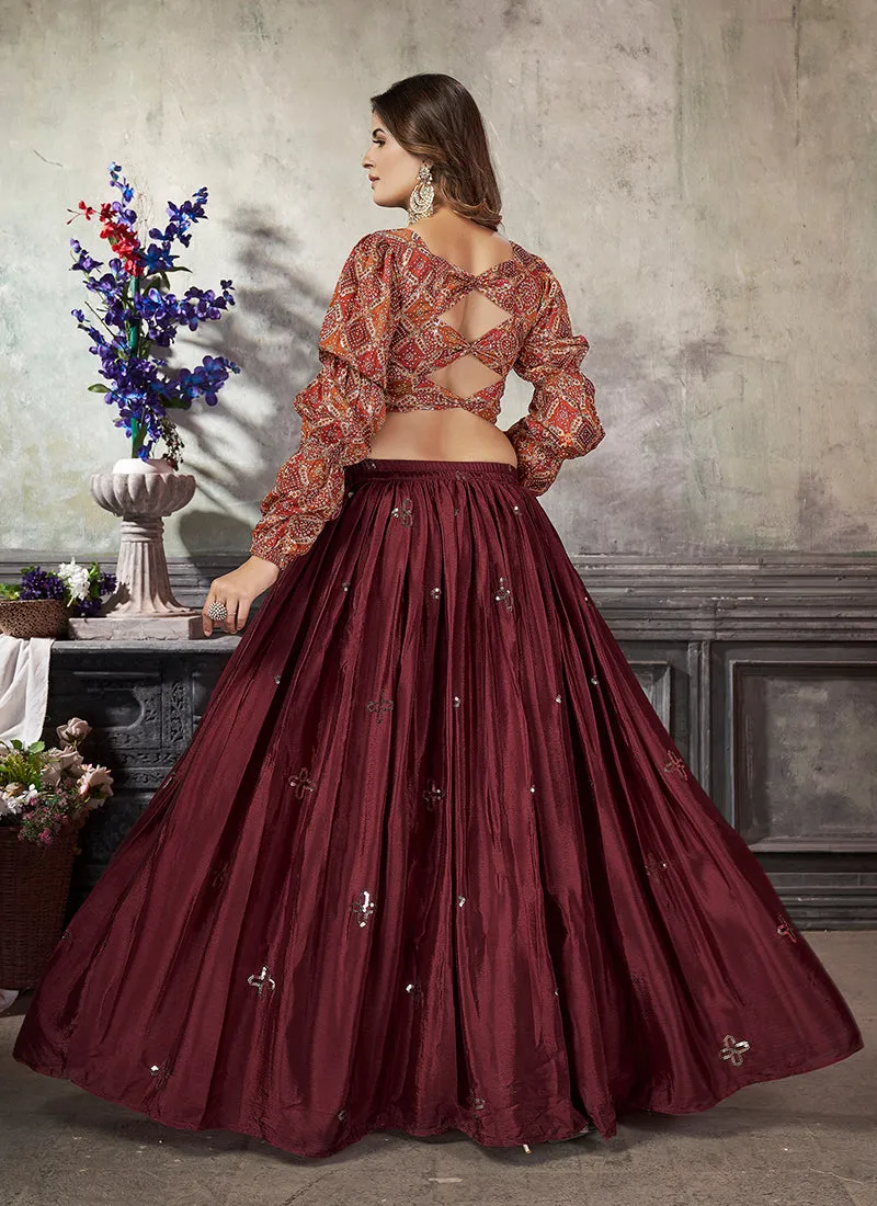 Maroon Sequence Embroidery Traditional Flared Skirt And Top