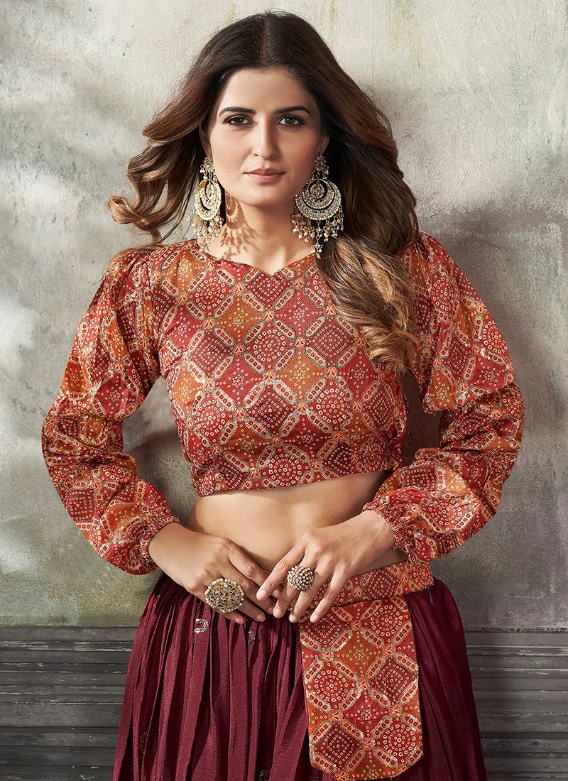 Maroon Sequence Embroidery Traditional Flared Skirt And Top