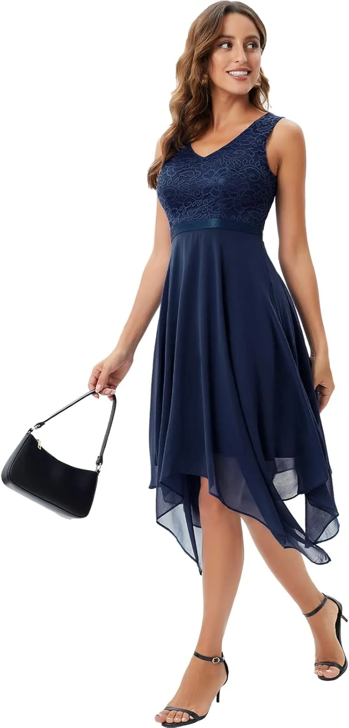 Meetjen Women's Lace Cocktail Party Dress 2025 Handkerchief Hem Bridesmaid Prom Formal Dresses for Wedding Guest