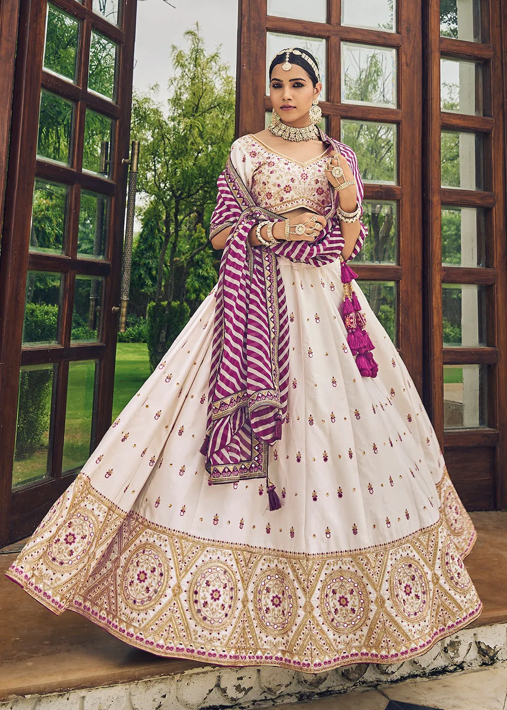 Mesmerizing Off-White Viscose Silk Traditional Bridal Lehenga Choli