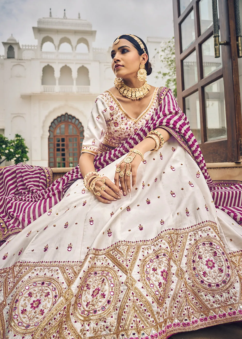Mesmerizing Off-White Viscose Silk Traditional Bridal Lehenga Choli
