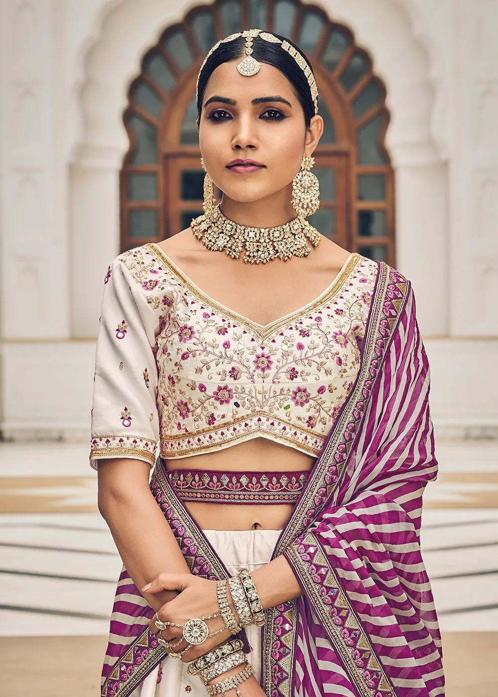 Mesmerizing Off-White Viscose Silk Traditional Bridal Lehenga Choli
