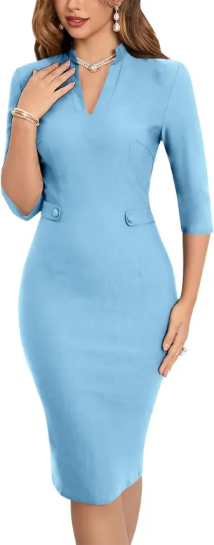 MUXXN Women's 1950s Retro 3/4 Sleeve V Neck Midi Sheath Vintage Cocktail Work Pencil Dresses