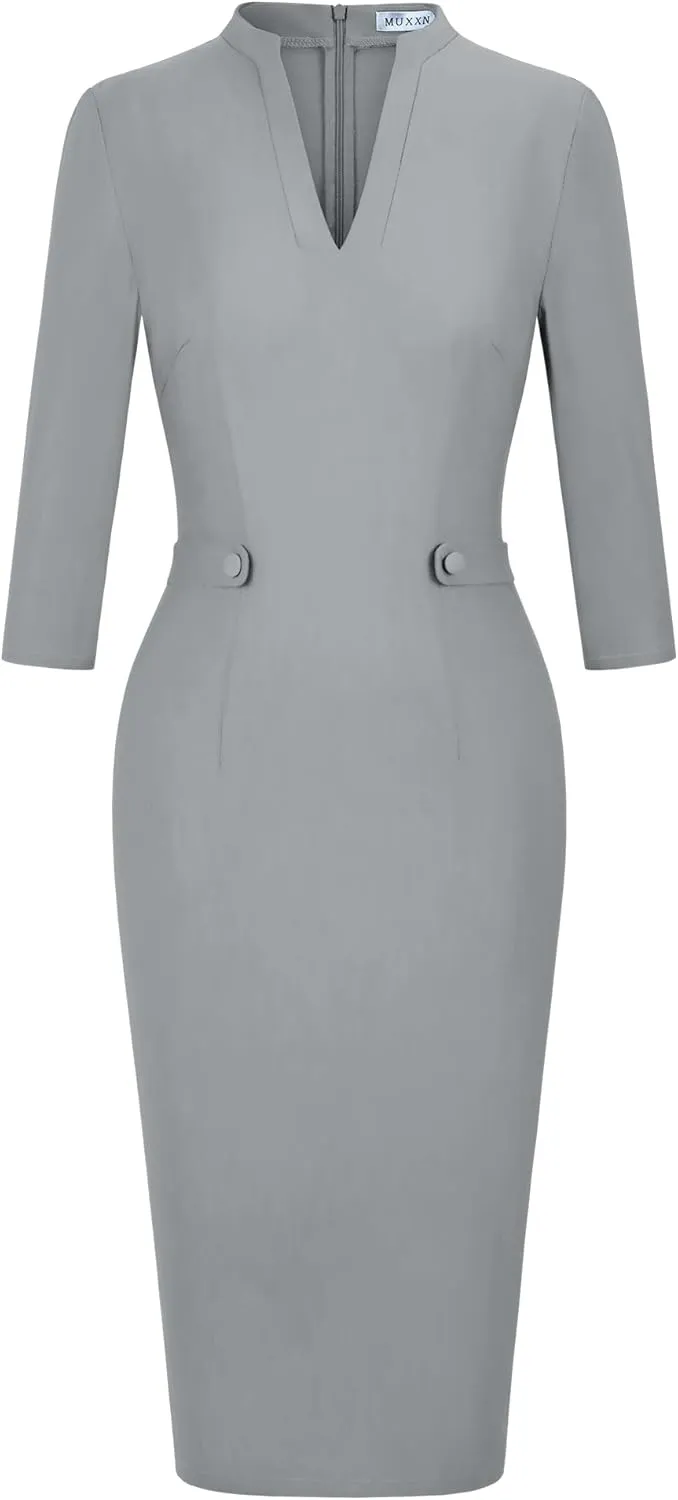 MUXXN Women's 1950s Retro 3/4 Sleeve V Neck Midi Sheath Vintage Cocktail Work Pencil Dresses