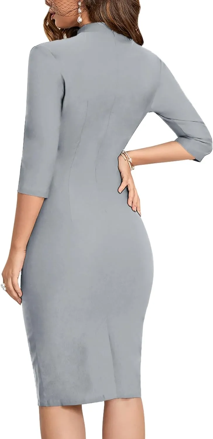 MUXXN Women's 1950s Retro 3/4 Sleeve V Neck Midi Sheath Vintage Cocktail Work Pencil Dresses