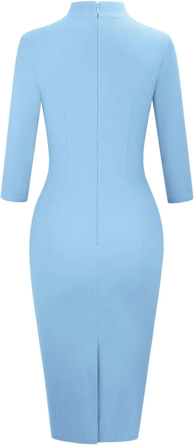 MUXXN Women's 1950s Retro 3/4 Sleeve V Neck Midi Sheath Vintage Cocktail Work Pencil Dresses