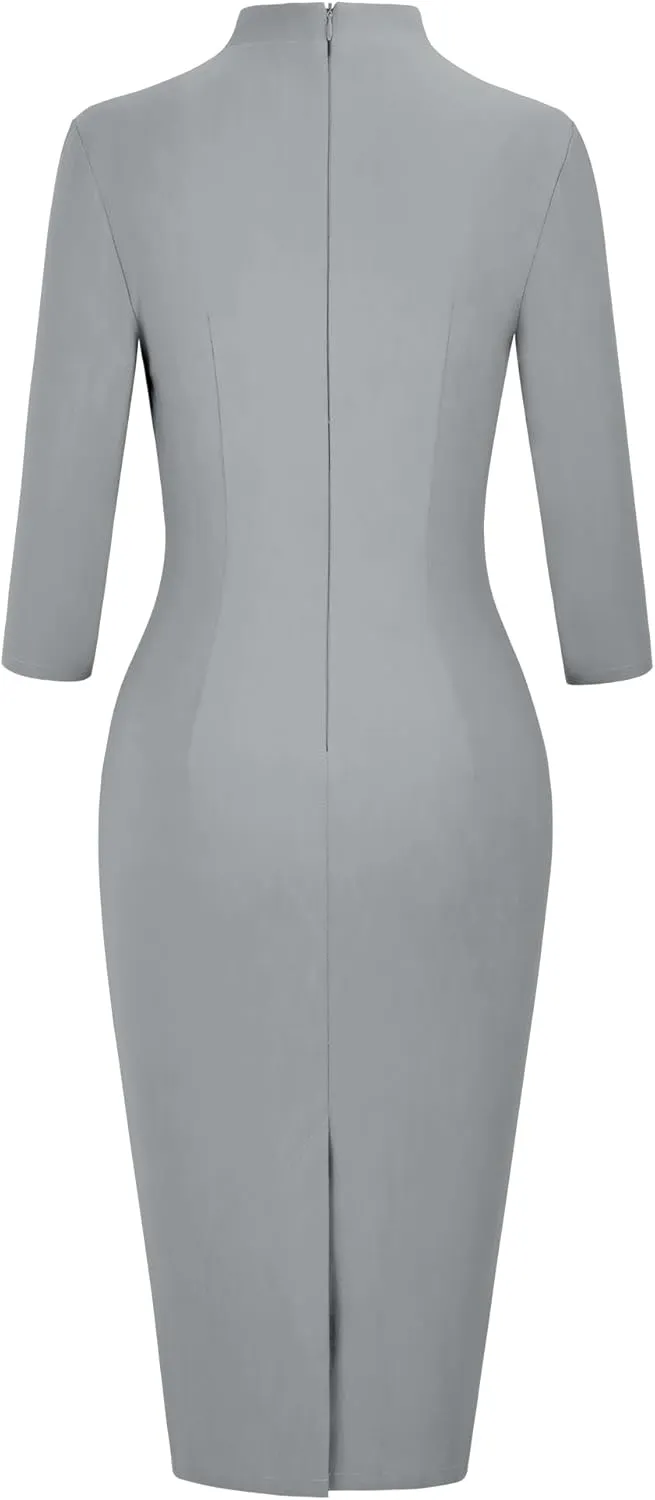 MUXXN Women's 1950s Retro 3/4 Sleeve V Neck Midi Sheath Vintage Cocktail Work Pencil Dresses
