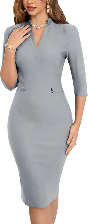MUXXN Women's 1950s Retro 3/4 Sleeve V Neck Midi Sheath Vintage Cocktail Work Pencil Dresses