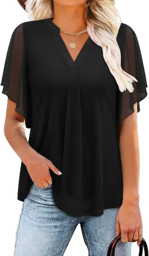onlypuff Womens Double Layered Tunic Tops Half Sleeve Floral Double Layered Sheer Flowy Blouse Round/V Neck Casual Shirts