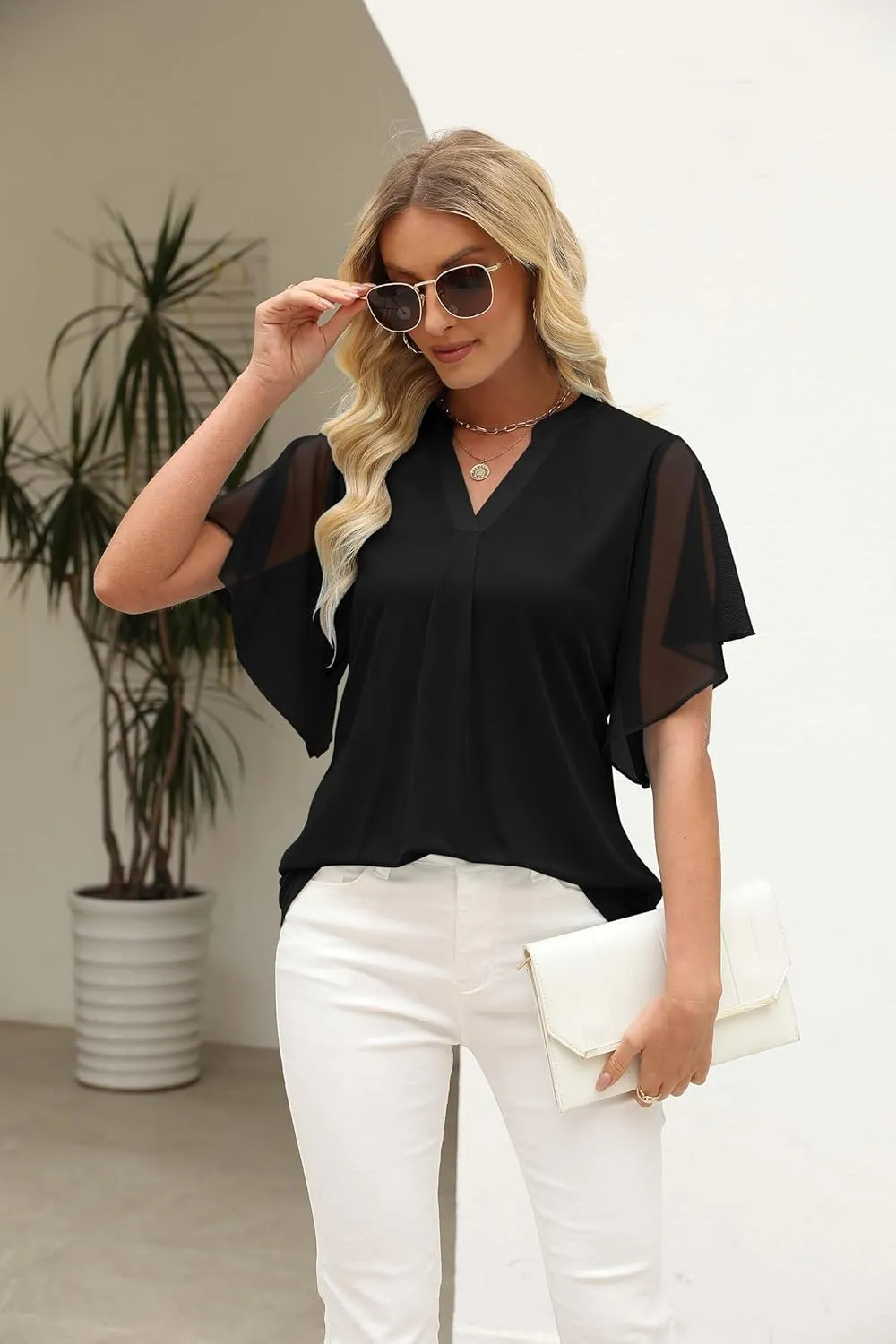 onlypuff Womens Double Layered Tunic Tops Half Sleeve Floral Double Layered Sheer Flowy Blouse Round/V Neck Casual Shirts