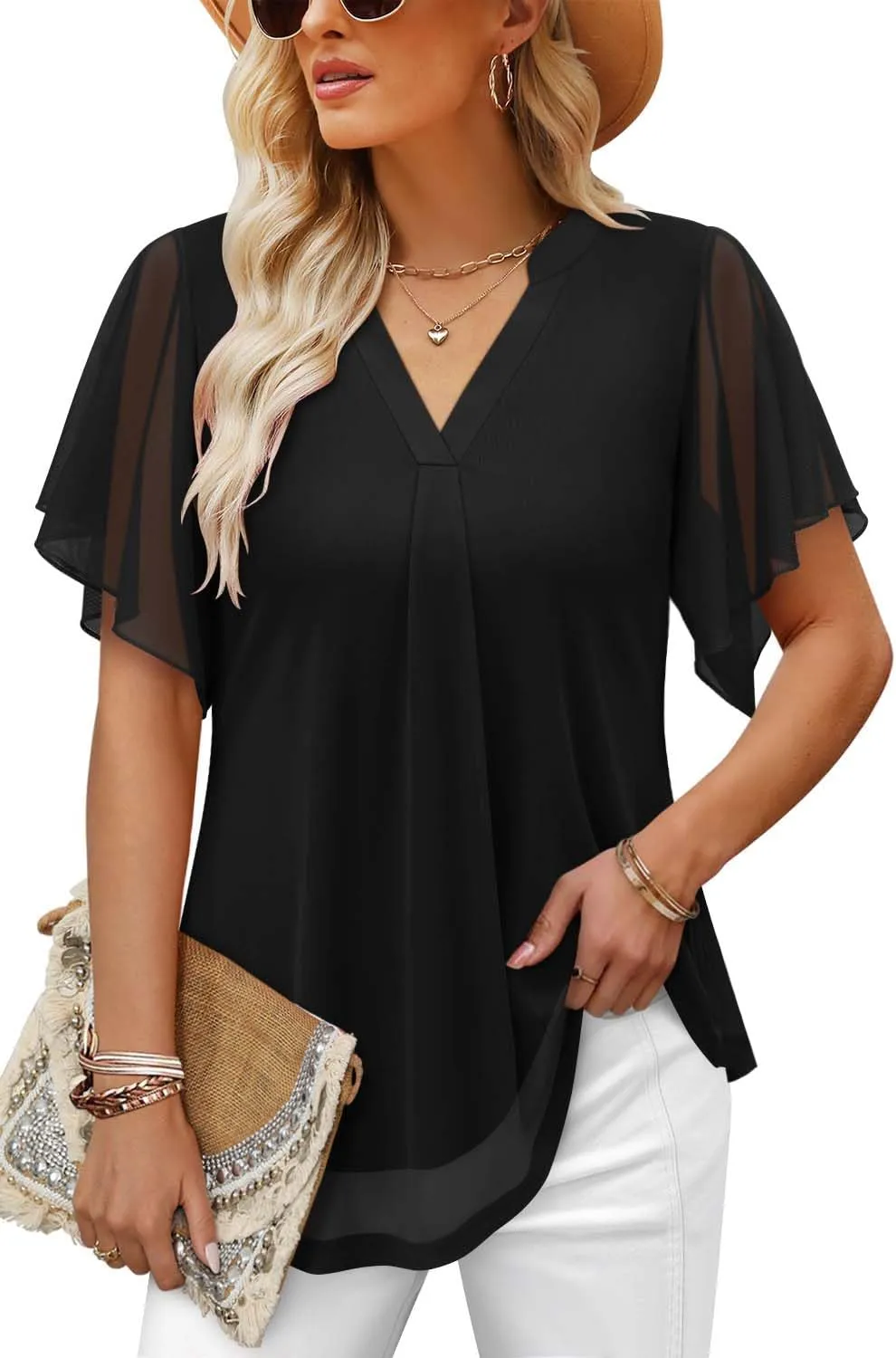 onlypuff Womens Double Layered Tunic Tops Half Sleeve Floral Double Layered Sheer Flowy Blouse Round/V Neck Casual Shirts