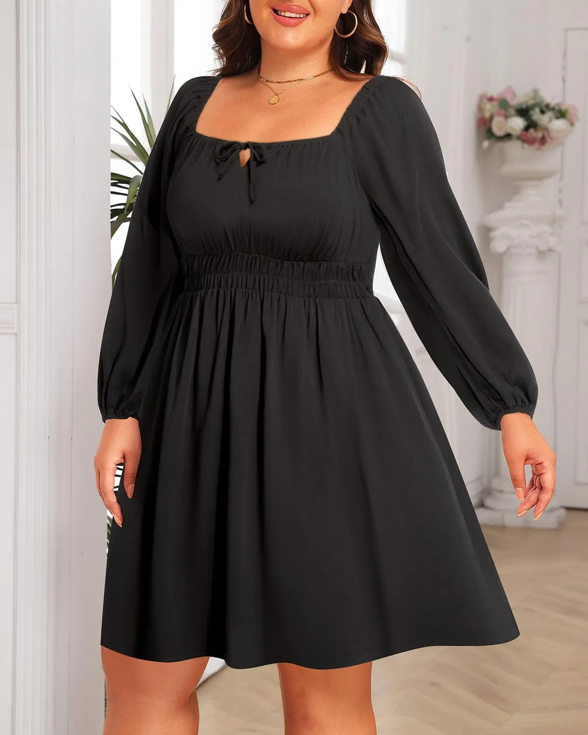 Pinup Fashion Plus Size Wedding Guest Dress 2025 - Graduation Spring Long Sleeve Floral Lace Short Dress