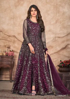 Plum Wine Net Embroidered Pant Style Anarkali Suit Plum Wine Net Embroidered Pant Style Anarkali Suit