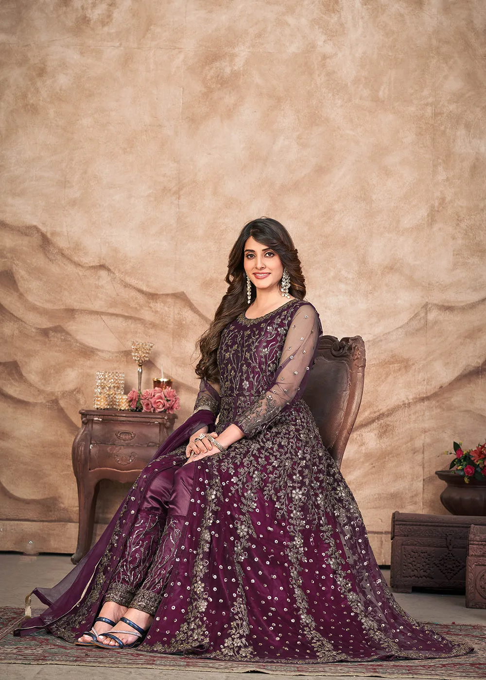 Plum Wine Net Embroidered Pant Style Anarkali Suit