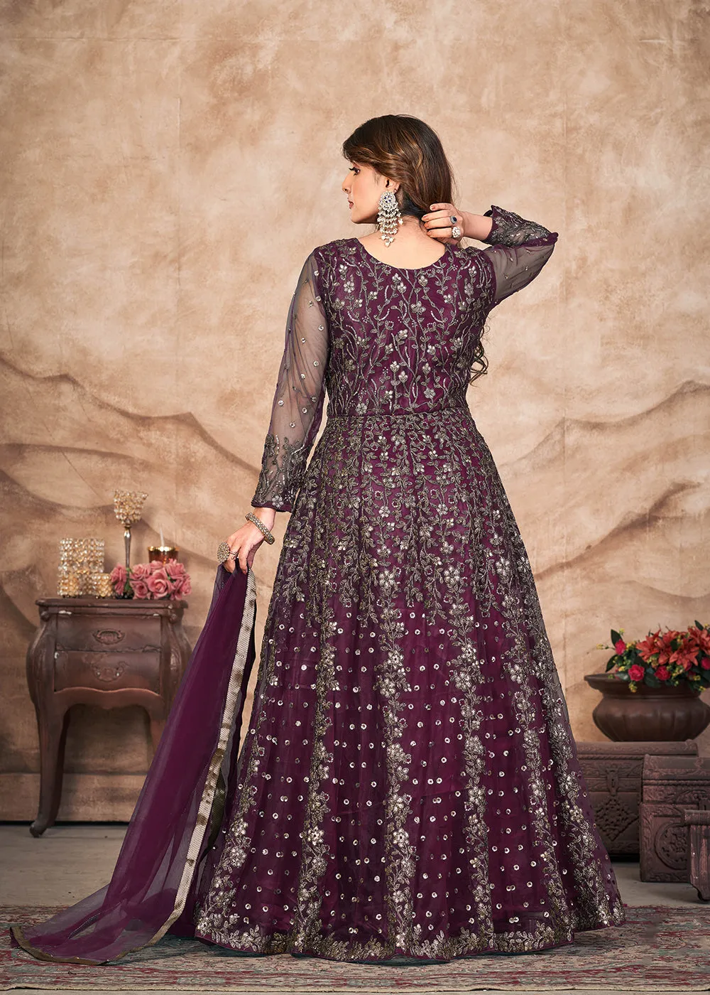Plum Wine Net Embroidered Pant Style Anarkali Suit