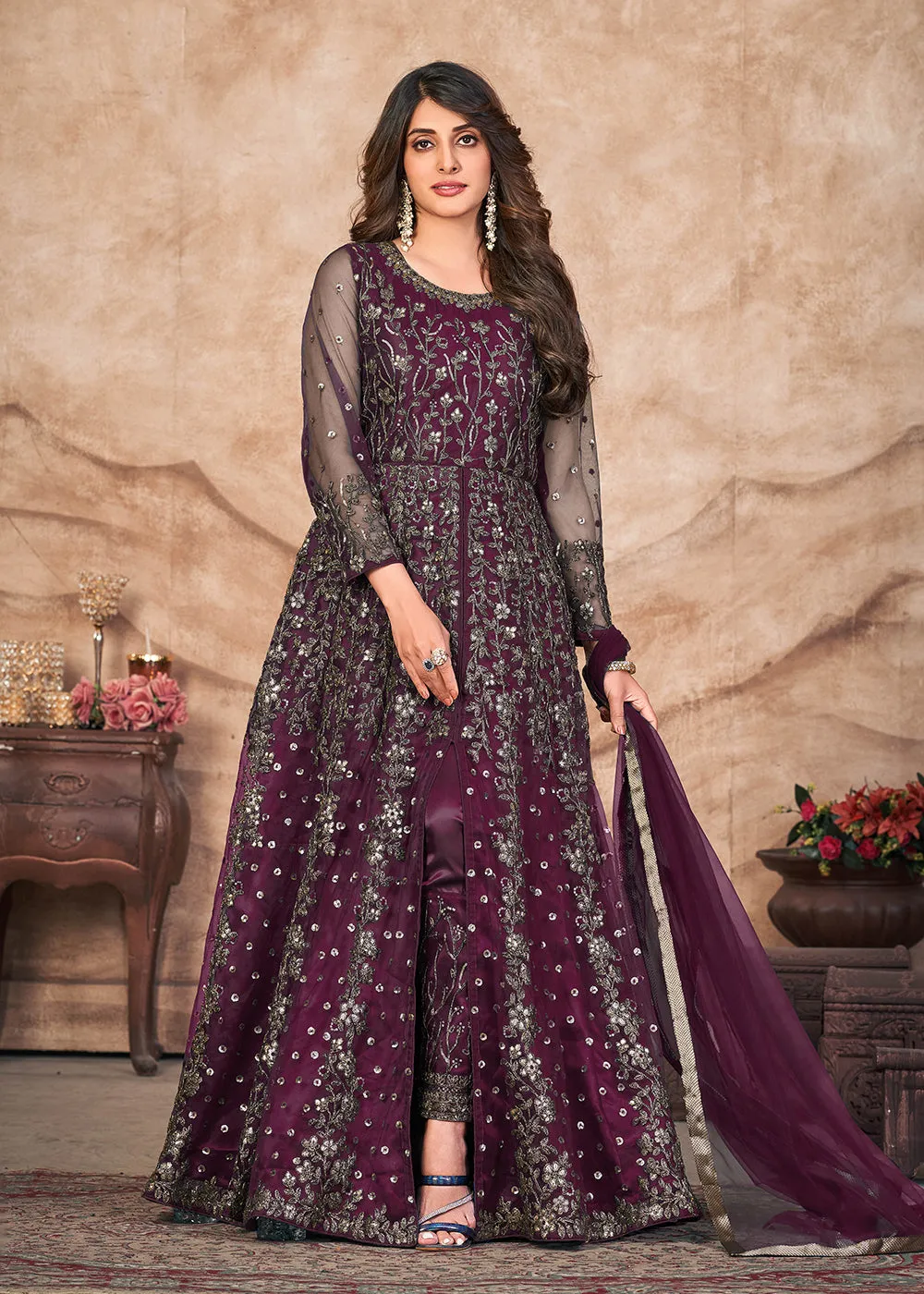 Plum Wine Net Embroidered Pant Style Anarkali Suit