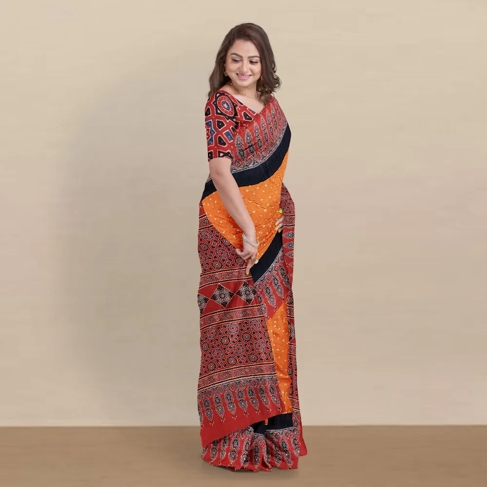 Red - Kutch Bandhani Tie-Dye Modal Silk Ajrakh Block Printing Saree