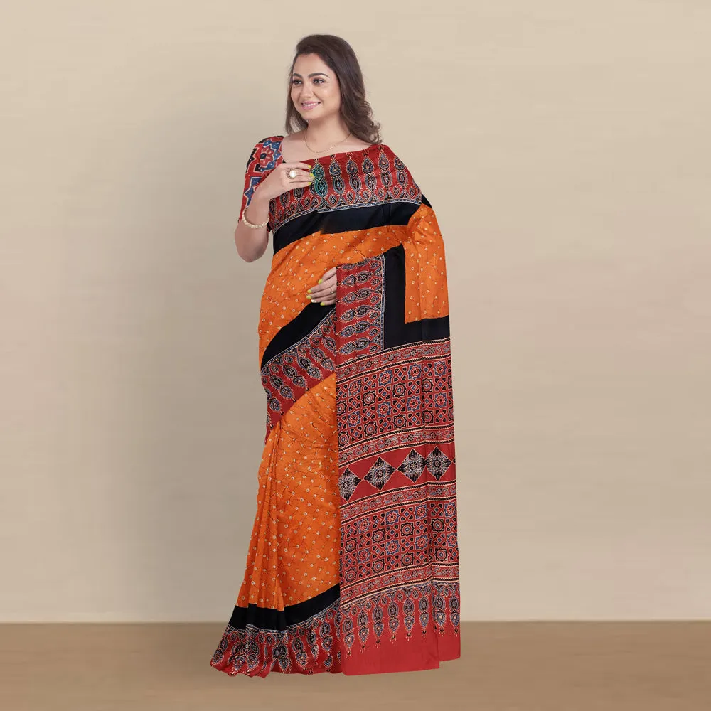 Red - Kutch Bandhani Tie-Dye Modal Silk Ajrakh Block Printing Saree