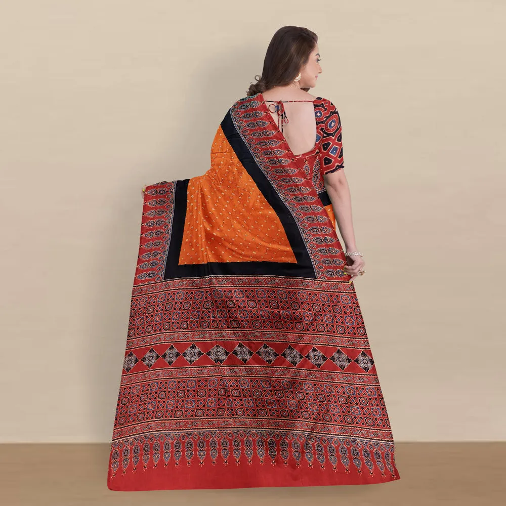 Red - Kutch Bandhani Tie-Dye Modal Silk Ajrakh Block Printing Saree