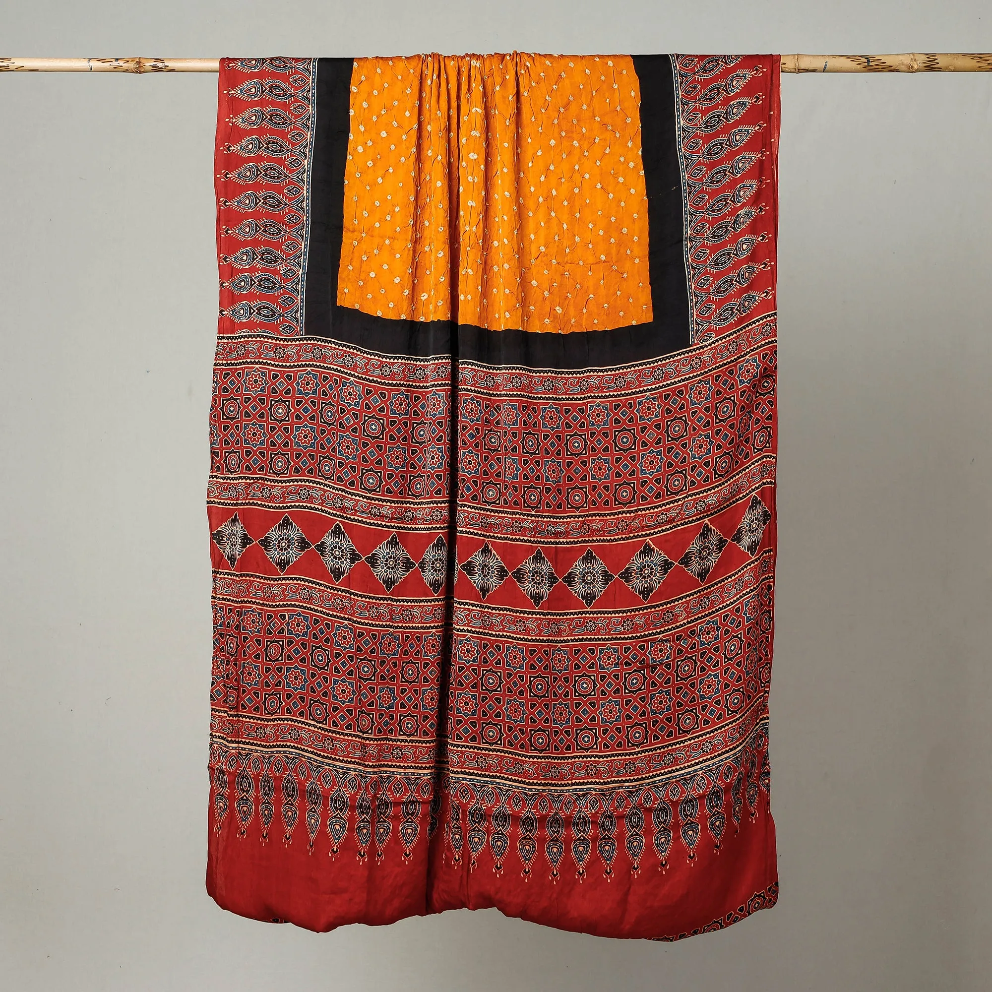 Red - Kutch Bandhani Tie-Dye Modal Silk Ajrakh Block Printing Saree