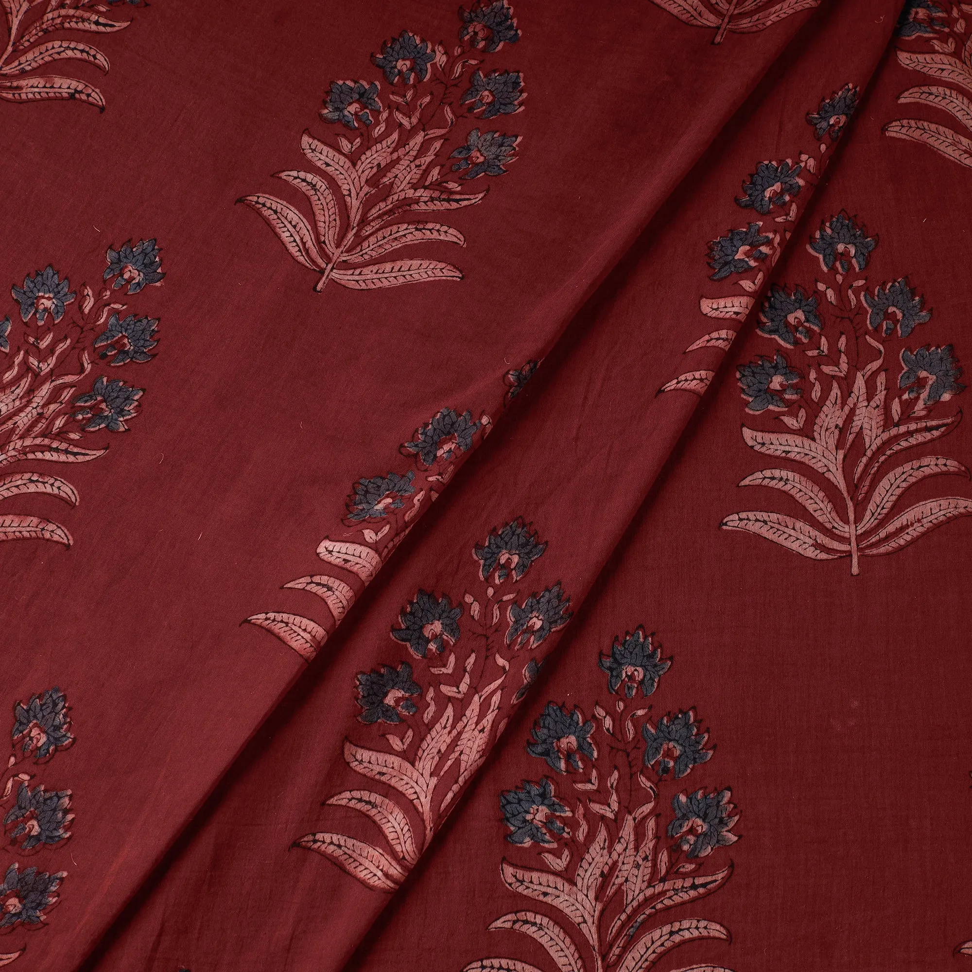Red - Leafy Floral Butta Pattern Mul Cotton Ajrakh Print Fabric