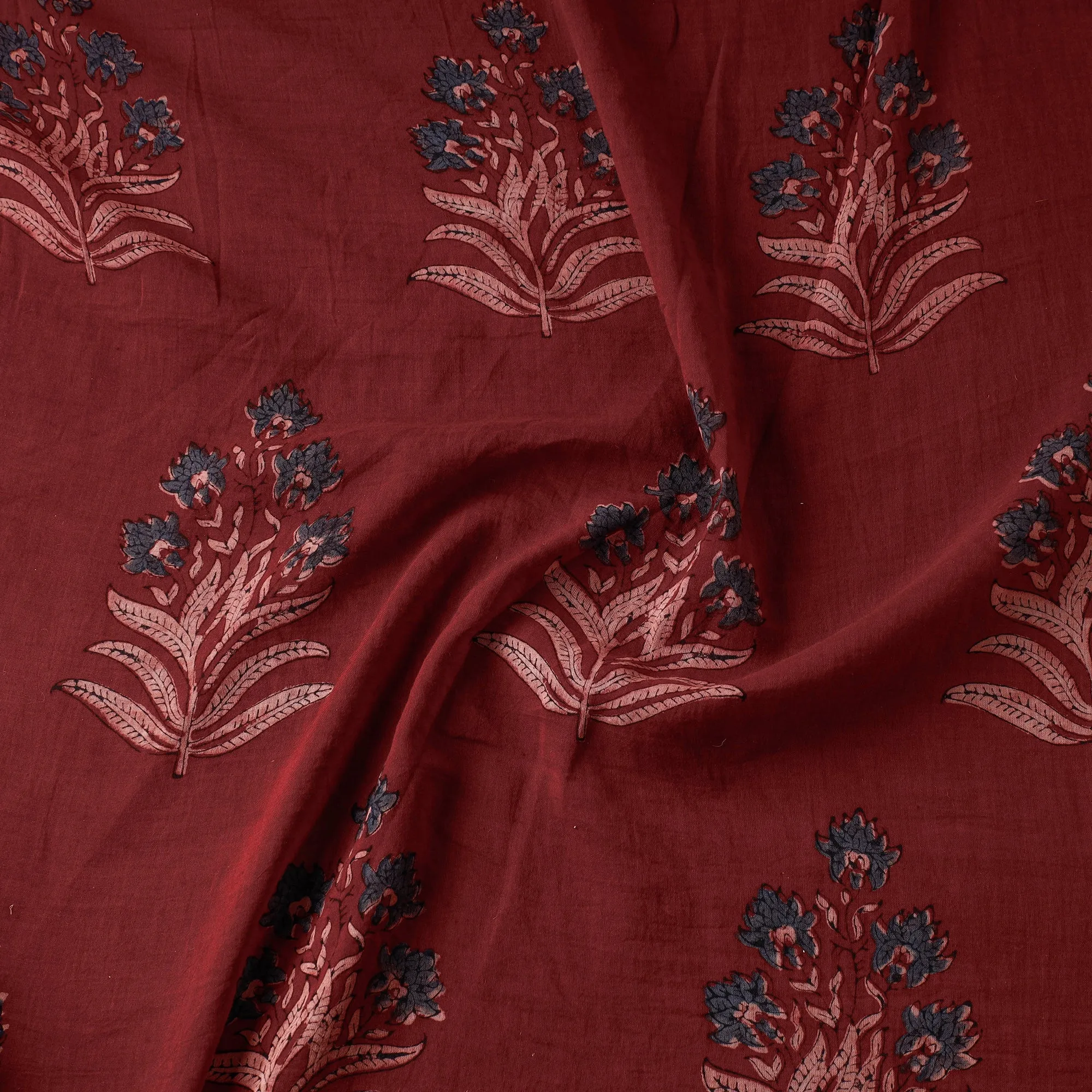 Red - Leafy Floral Butta Pattern Mul Cotton Ajrakh Print Fabric