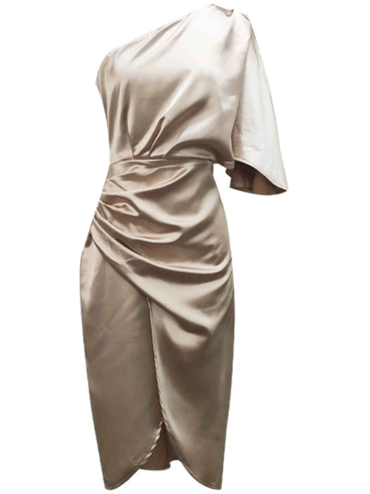 Sexy Diagonal Collar off-the-Shoulder Pleated Mid Length Long Length Hip Skirt