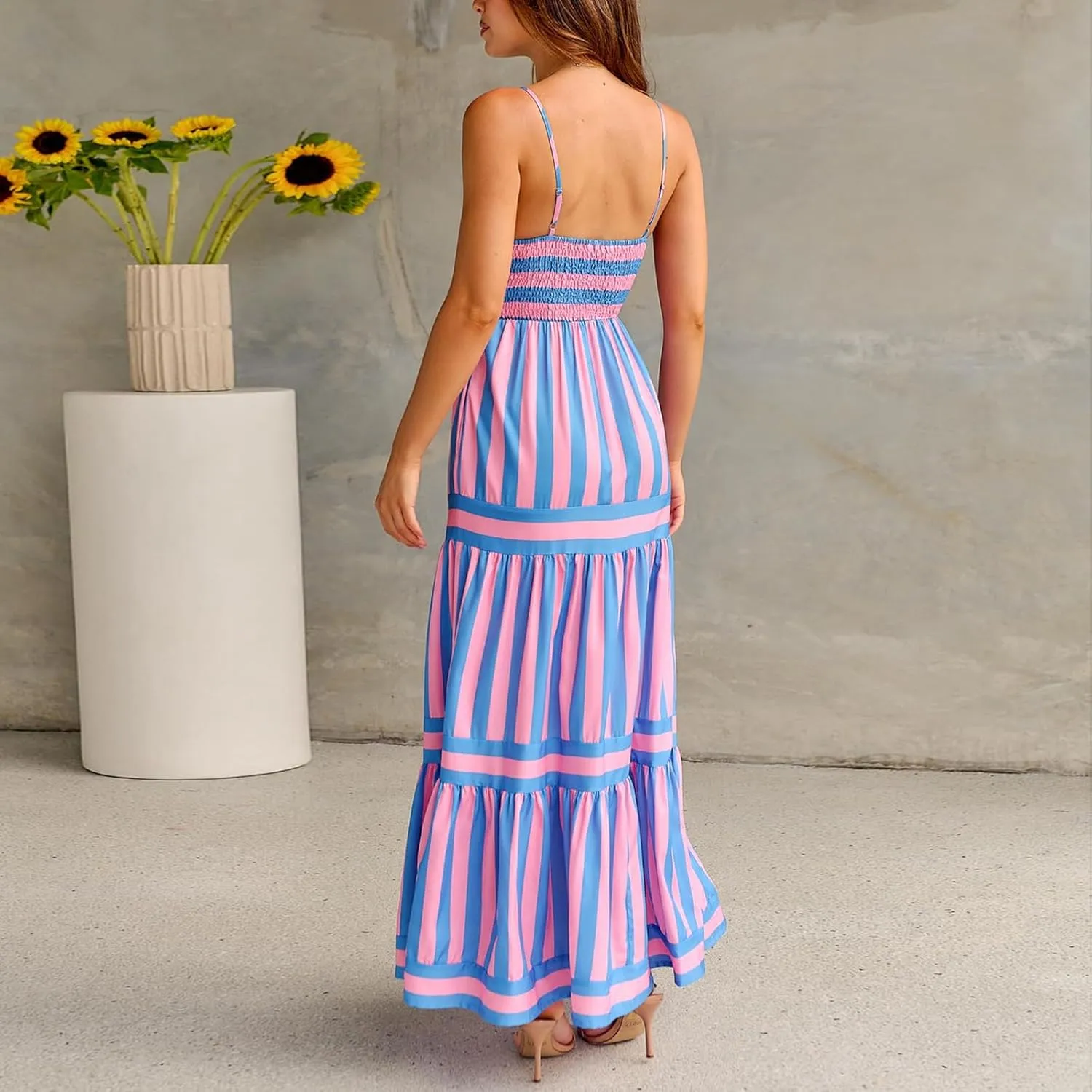 SOLILOQUY Women Boho Striped Midi Dress Spaghetti Strap Scoop Neck Smock Bodice Tiered A-Line Flowy Sundress Summer Vacation