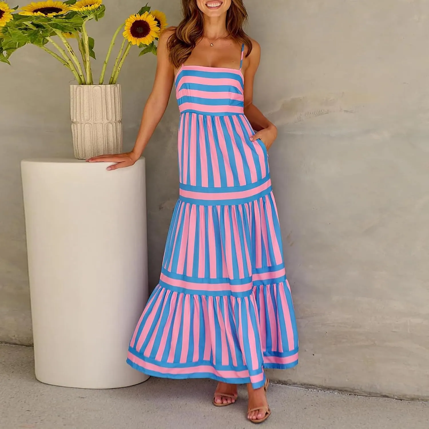 SOLILOQUY Women Boho Striped Midi Dress Spaghetti Strap Scoop Neck Smock Bodice Tiered A-Line Flowy Sundress Summer Vacation