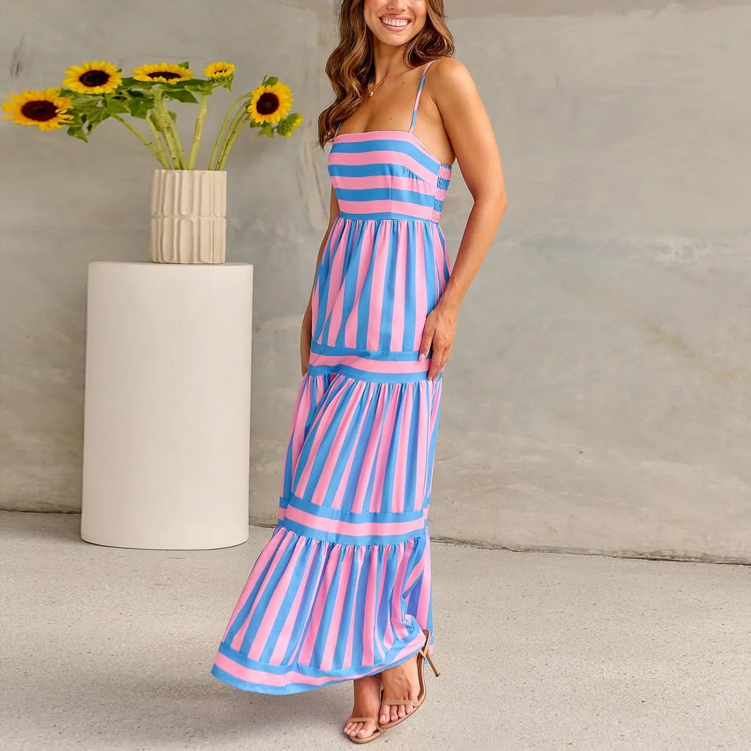 SOLILOQUY Women Boho Striped Midi Dress Spaghetti Strap Scoop Neck Smock Bodice Tiered A-Line Flowy Sundress Summer Vacation