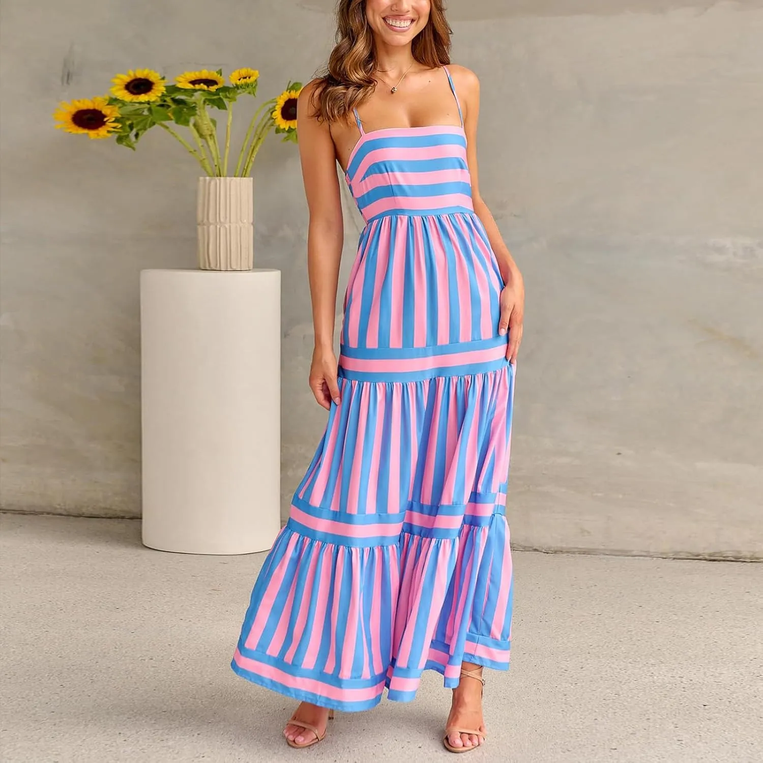 SOLILOQUY Women Boho Striped Midi Dress Spaghetti Strap Scoop Neck Smock Bodice Tiered A-Line Flowy Sundress Summer Vacation