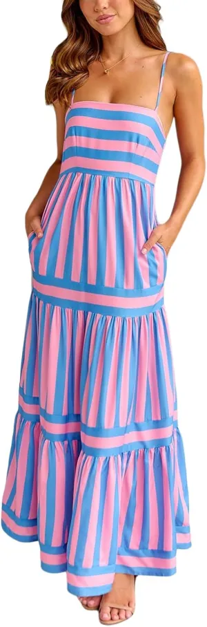 SOLILOQUY Women Boho Striped Midi Dress Spaghetti Strap Scoop Neck Smock Bodice Tiered A-Line Flowy Sundress Summer Vacation