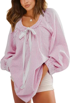 Striped Tunic for Women Dressy Casual Loose Fit Blouses Tops Long Sleeve Scoop Neck Bow Tie Shirt
