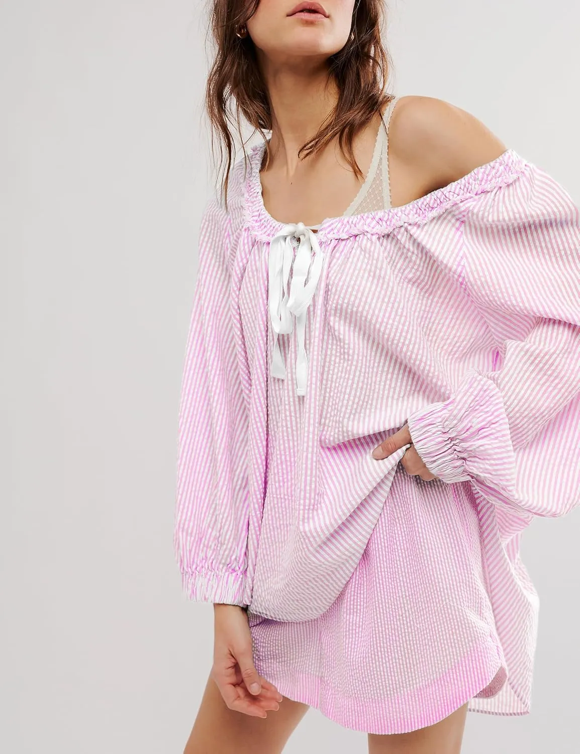 Striped Tunic for Women Dressy Casual Loose Fit Blouses Tops Long Sleeve Scoop Neck Bow Tie Shirt