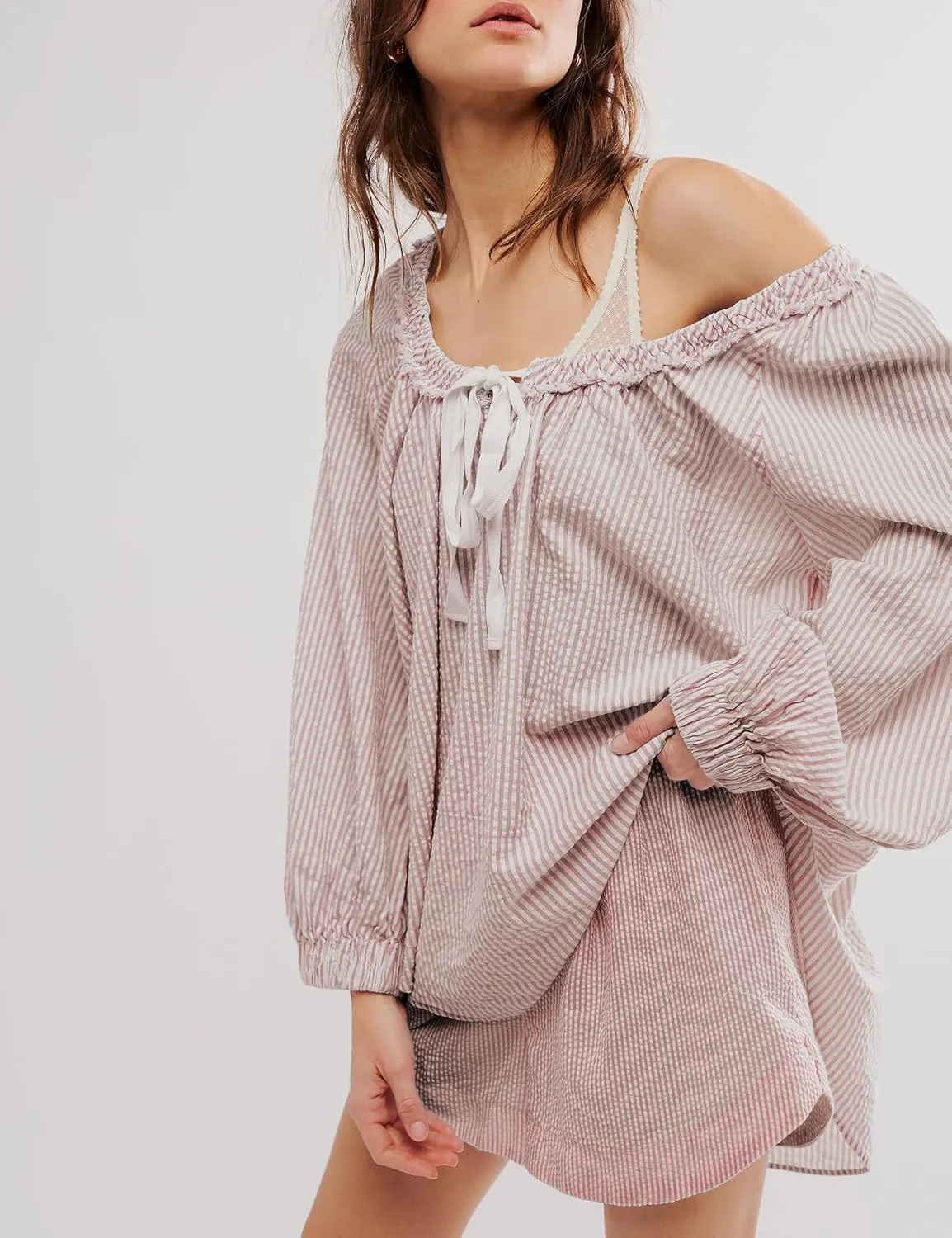 Striped Tunic for Women Dressy Casual Loose Fit Blouses Tops Long Sleeve Scoop Neck Bow Tie Shirt