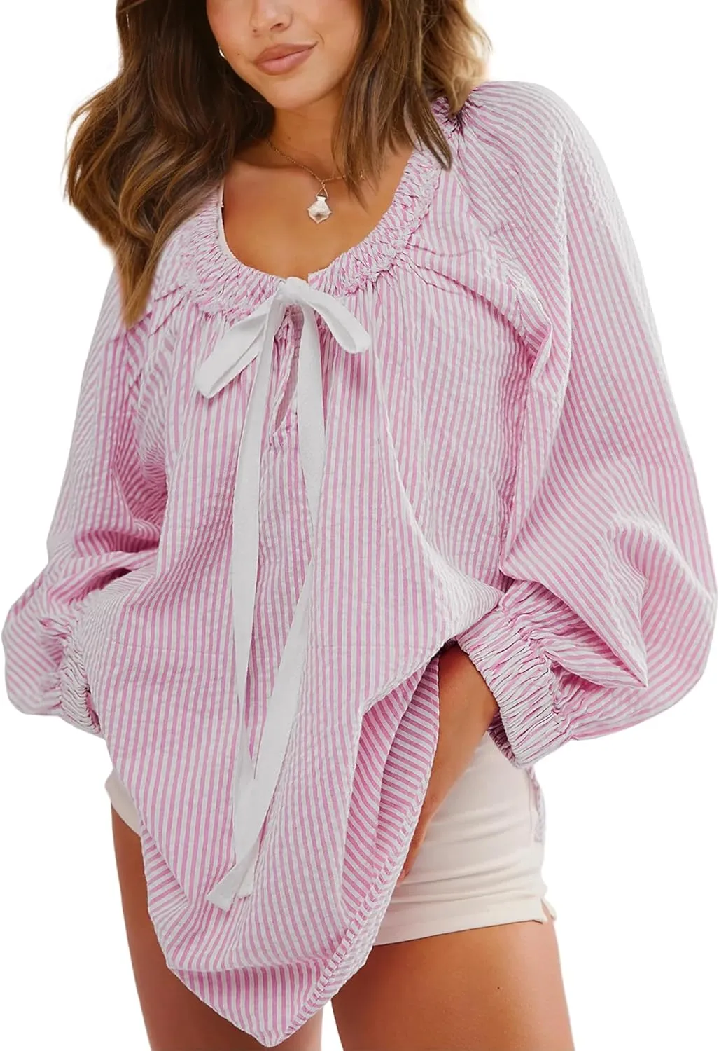 Striped Tunic for Women Dressy Casual Loose Fit Blouses Tops Long Sleeve Scoop Neck Bow Tie Shirt