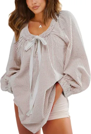 Striped Tunic for Women Dressy Casual Loose Fit Blouses Tops Long Sleeve Scoop Neck Bow Tie Shirt