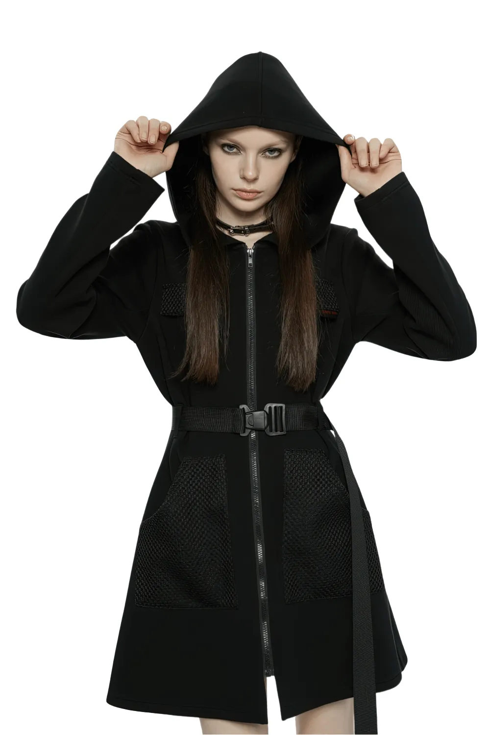 Stylish Black Hooded Zip-Front Tactical Dress