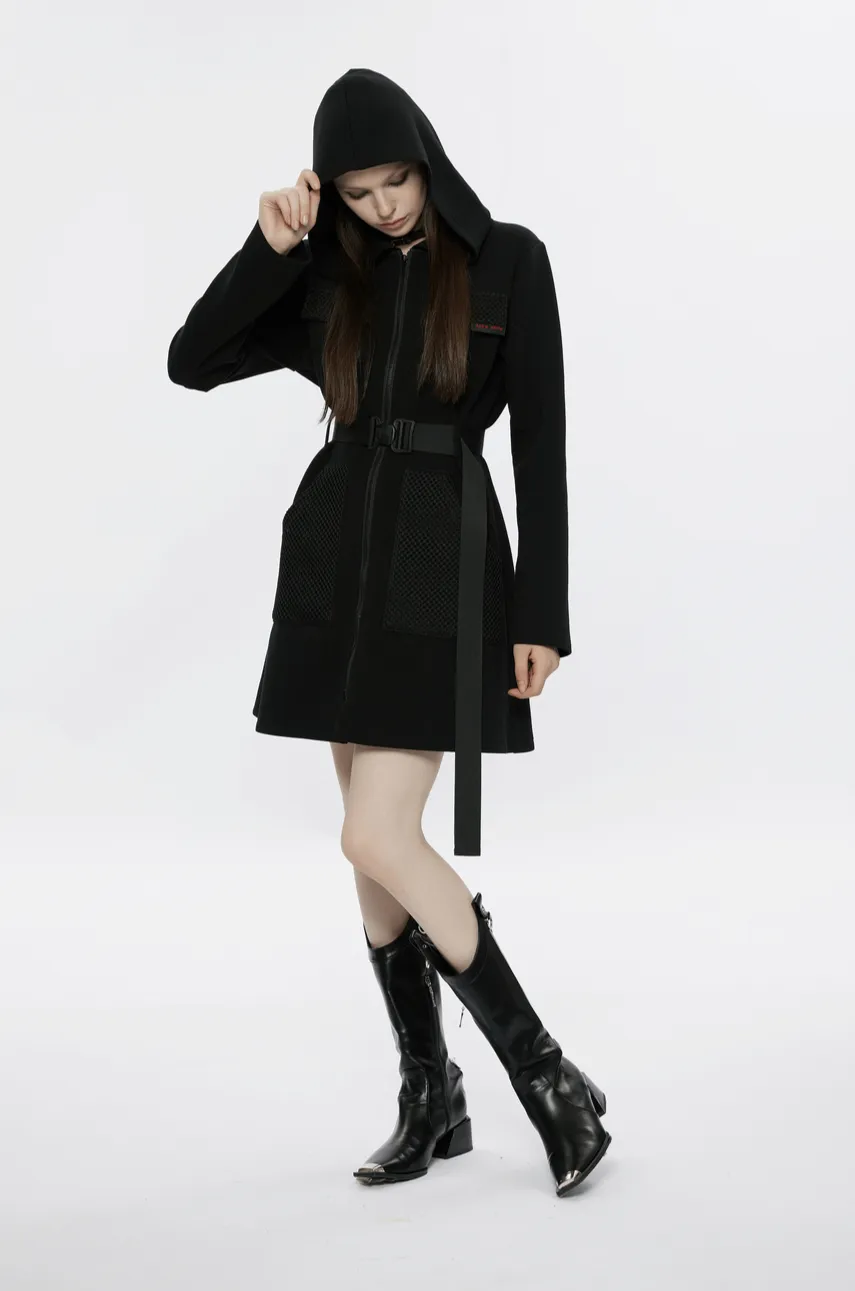 Stylish Black Hooded Zip-Front Tactical Dress