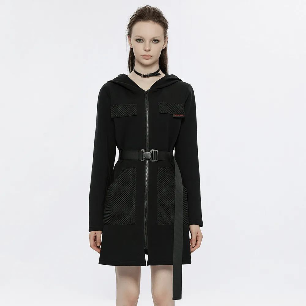 Stylish Black Hooded Zip-Front Tactical Dress