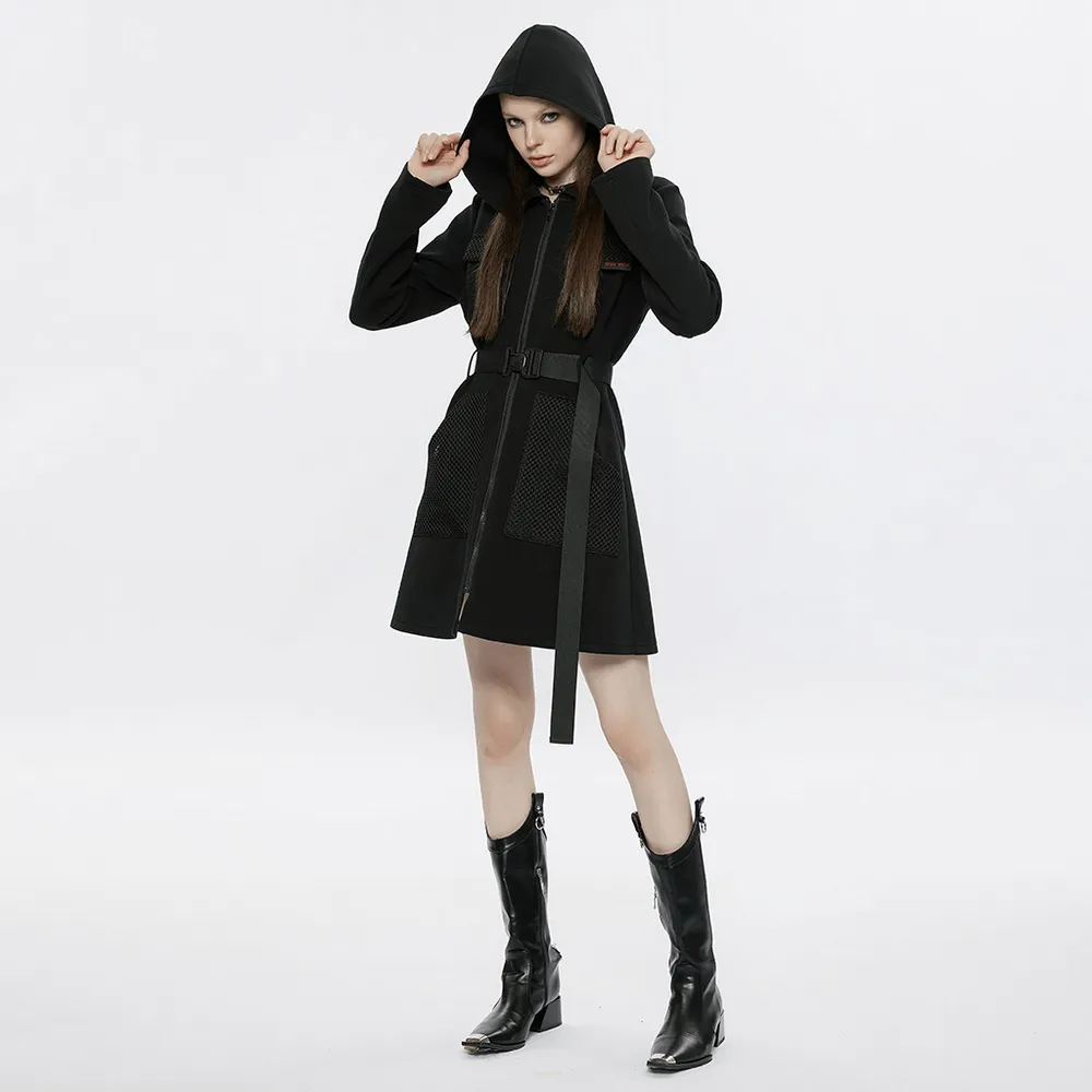 Stylish Black Hooded Zip-Front Tactical Dress