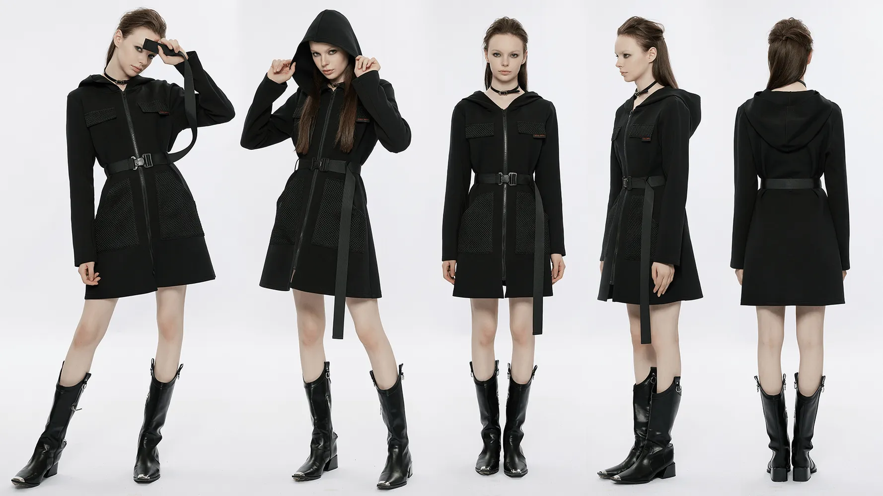 Stylish Black Hooded Zip-Front Tactical Dress